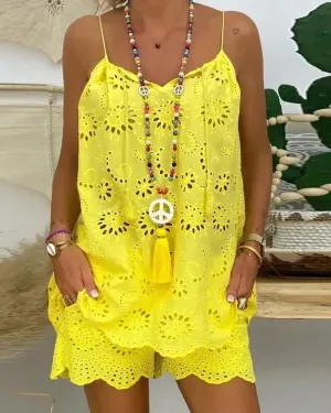 Eyelet Embroidery & Tassel Shorts Set