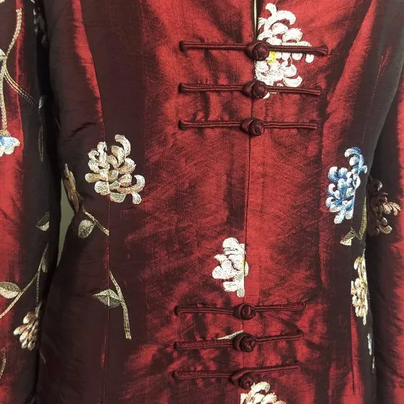 Far East Living Womens Silk Coat Taffeta Floral Embroidery Burgundy Black 6 New