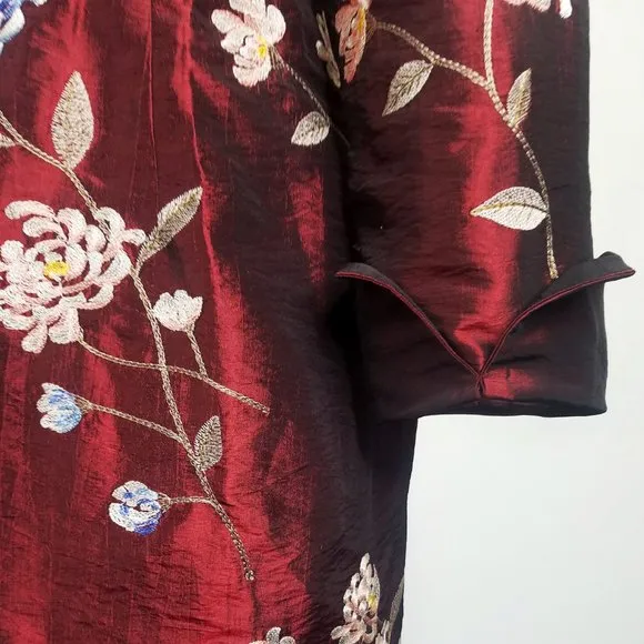 Far East Living Womens Silk Coat Taffeta Floral Embroidery Burgundy Black 6 New