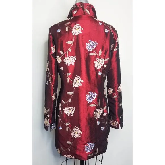 Far East Living Womens Silk Coat Taffeta Floral Embroidery Burgundy Black 6 New