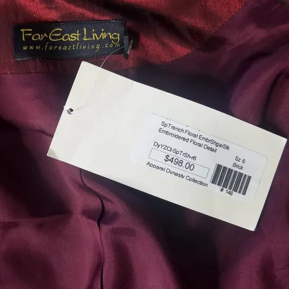 Far East Living Womens Silk Coat Taffeta Floral Embroidery Burgundy Black 6 New