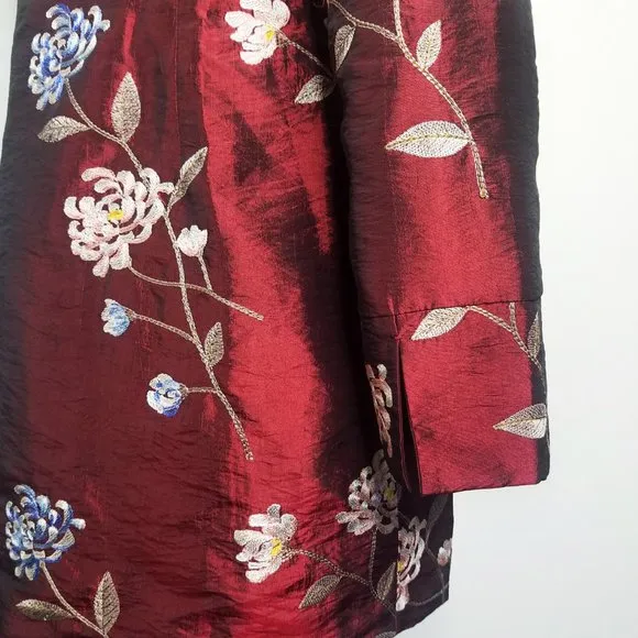 Far East Living Womens Silk Coat Taffeta Floral Embroidery Burgundy Black 6 New