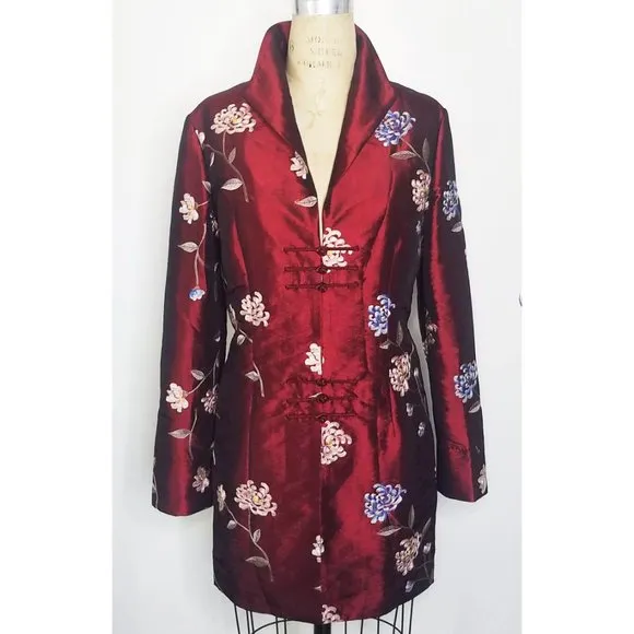 Far East Living Womens Silk Coat Taffeta Floral Embroidery Burgundy Black 6 New