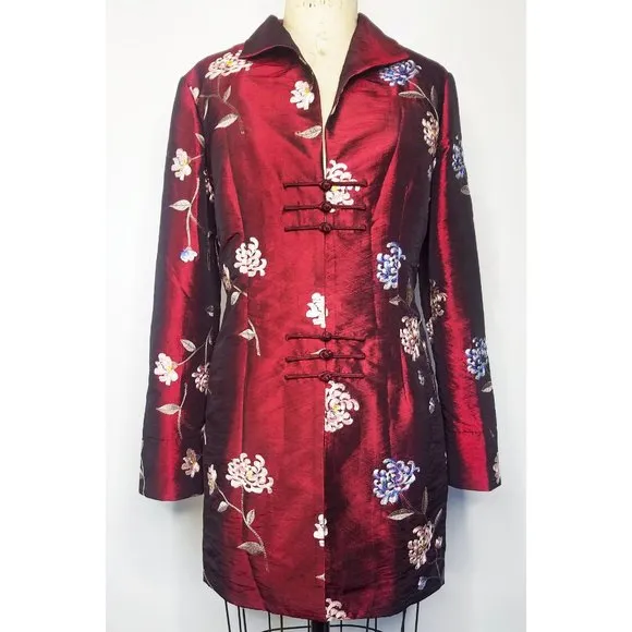 Far East Living Womens Silk Coat Taffeta Floral Embroidery Burgundy Black 6 New