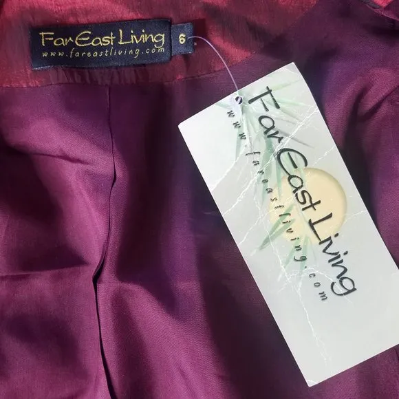 Far East Living Womens Silk Coat Taffeta Floral Embroidery Burgundy Black 6 New