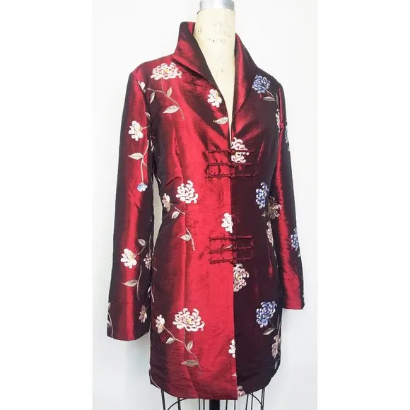 Far East Living Womens Silk Coat Taffeta Floral Embroidery Burgundy Black 6 New