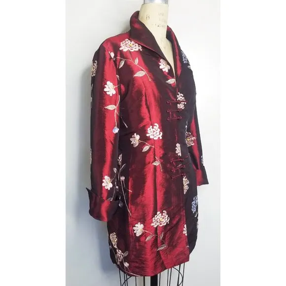 Far East Living Womens Silk Coat Taffeta Floral Embroidery Burgundy Black 6 New