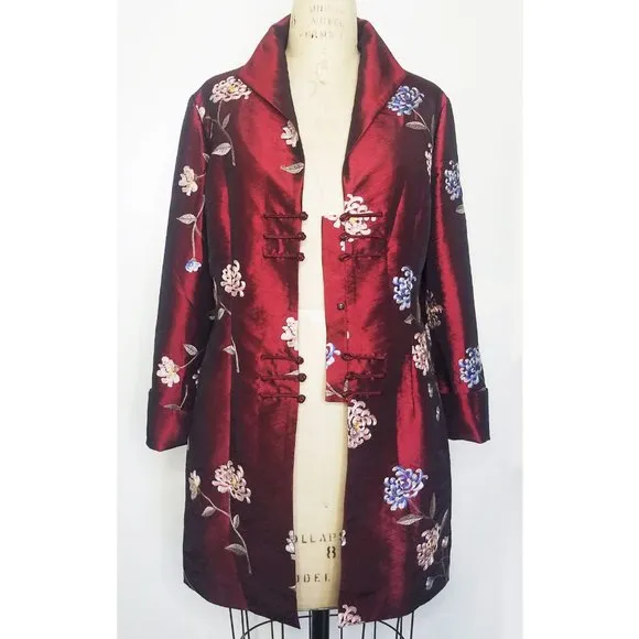 Far East Living Womens Silk Coat Taffeta Floral Embroidery Burgundy Black 6 New