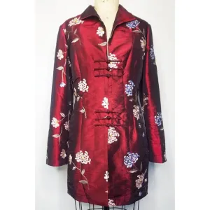 Far East Living Womens Silk Coat Taffeta Floral Embroidery Burgundy Black 6 New