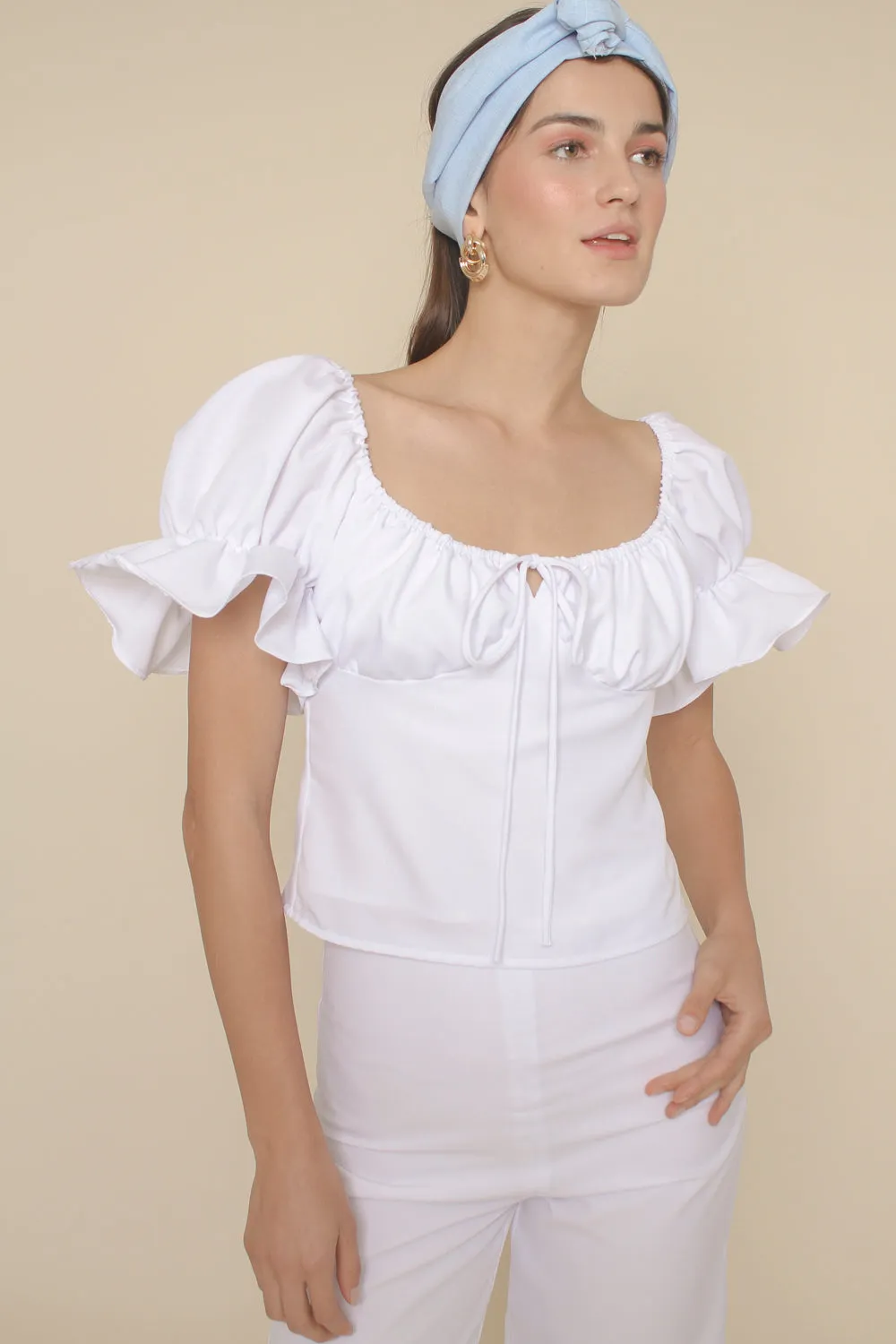 FLOR PANTS SET Puff Sleeve Top with Frill and Drawstring Detail and High Waist Culottes (White Linen)