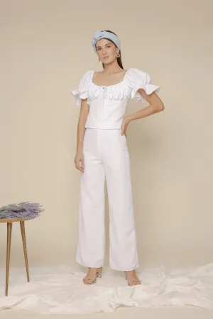 FLOR PANTS SET Puff Sleeve Top with Frill and Drawstring Detail and High Waist Culottes (White Linen)