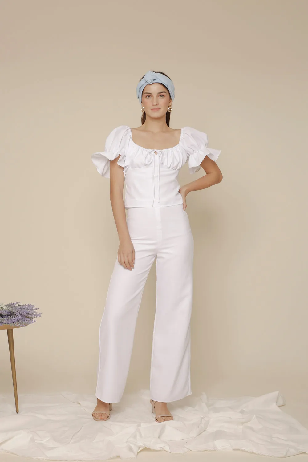 FLOR PANTS SET Puff Sleeve Top with Frill and Drawstring Detail and High Waist Culottes (White Linen)