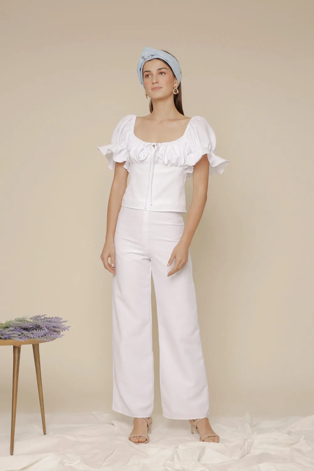 FLOR PANTS SET Puff Sleeve Top with Frill and Drawstring Detail and High Waist Culottes (White Linen)