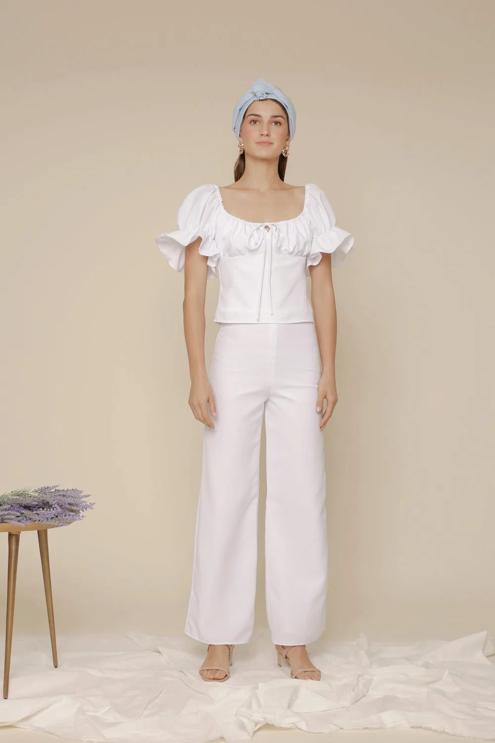 FLOR PANTS SET Puff Sleeve Top with Frill and Drawstring Detail and High Waist Culottes (White Linen)