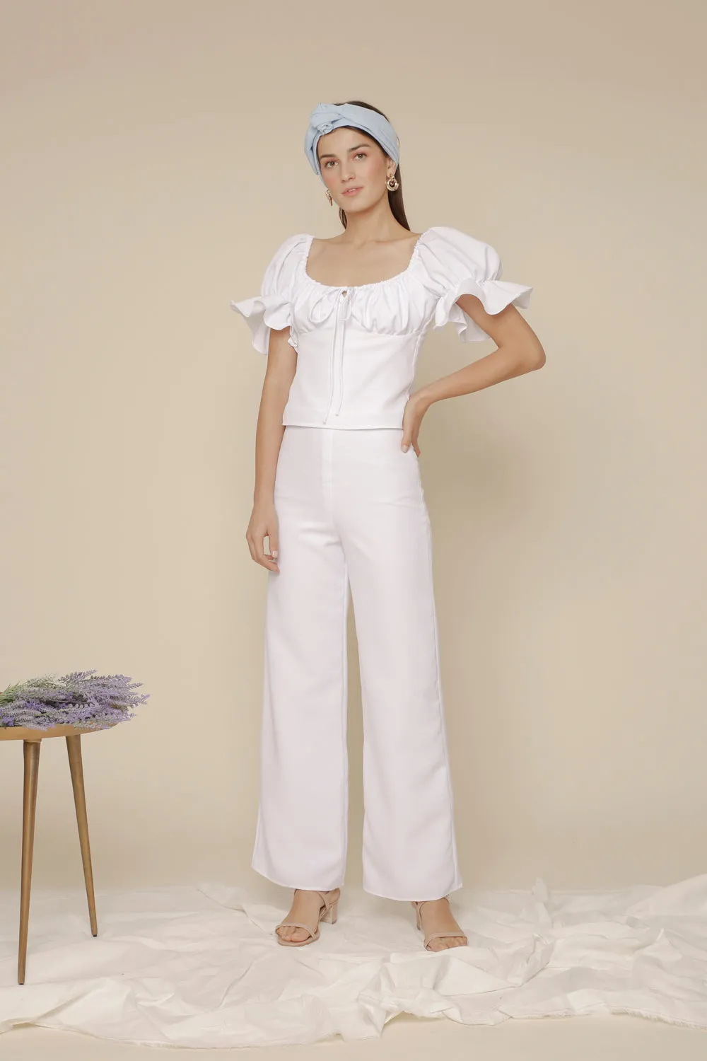 FLOR PANTS SET Puff Sleeve Top with Frill and Drawstring Detail and High Waist Culottes (White Linen)