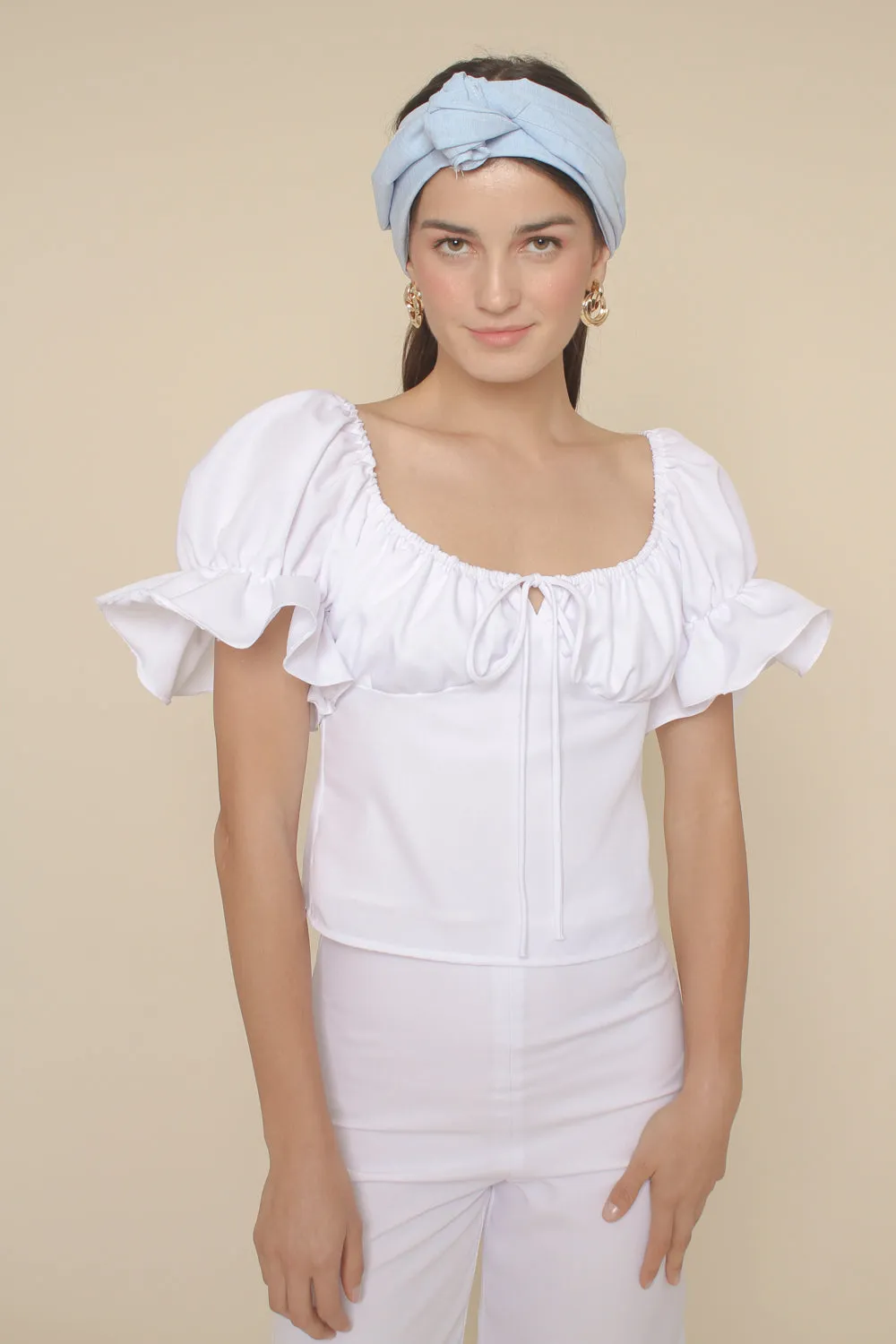 FLOR PANTS SET Puff Sleeve Top with Frill and Drawstring Detail and High Waist Culottes (White Linen)