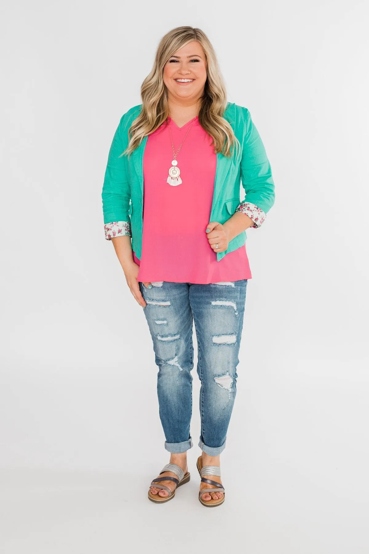 Floral Cuff Blazer - Mint