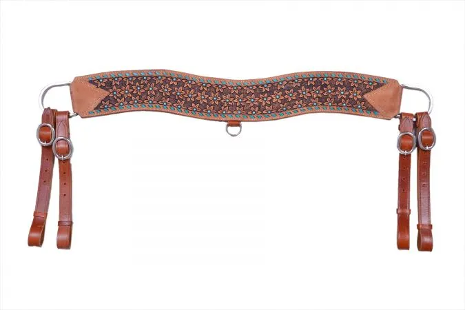 Floral tooled leather tripping collar with teal buckstitch and teal