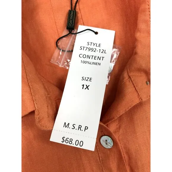 FORCYNTHIA Linen Asym Shirt Dress-Tunic Women Sz1X Orange Cottoge Fairy Boho NWT