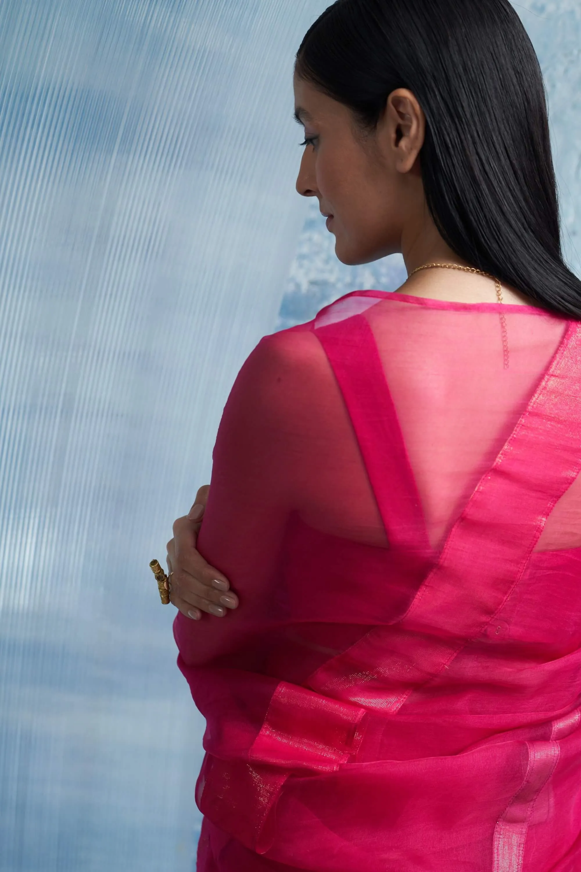Fuchsia pink shimmer organza sari set