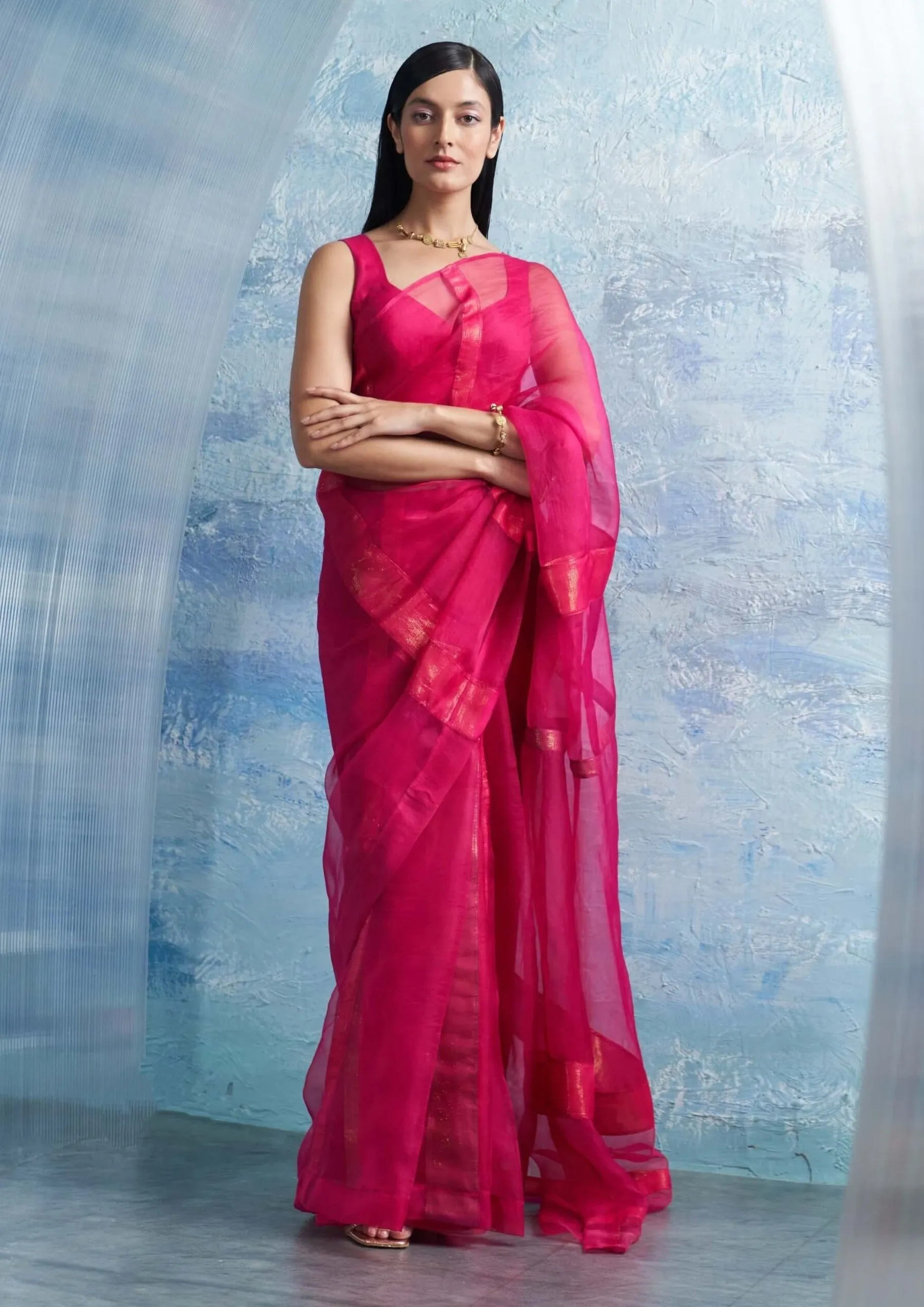 Fuchsia pink shimmer organza sari set