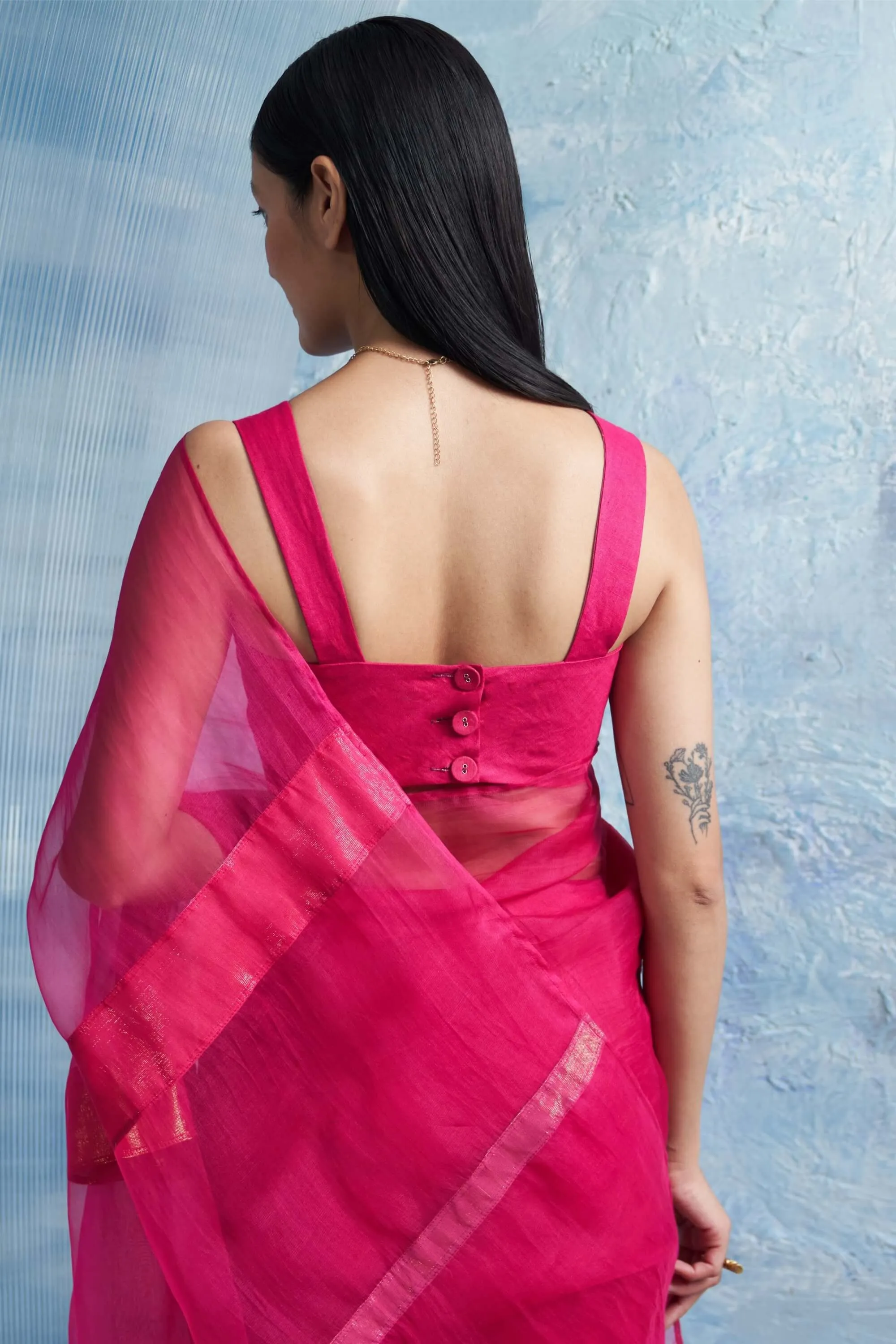 Fuchsia pink shimmer organza sari set
