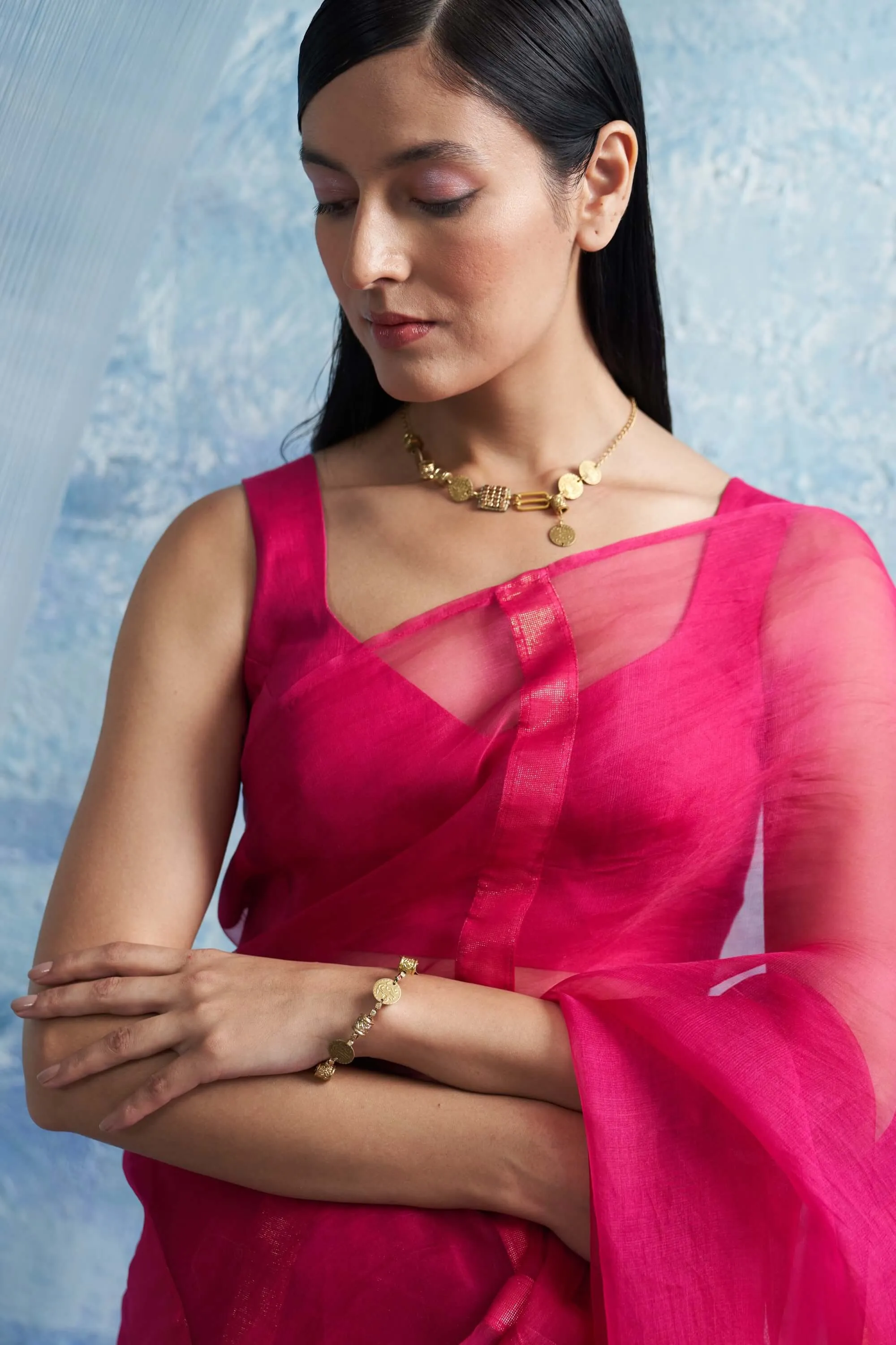 Fuchsia pink shimmer organza sari set