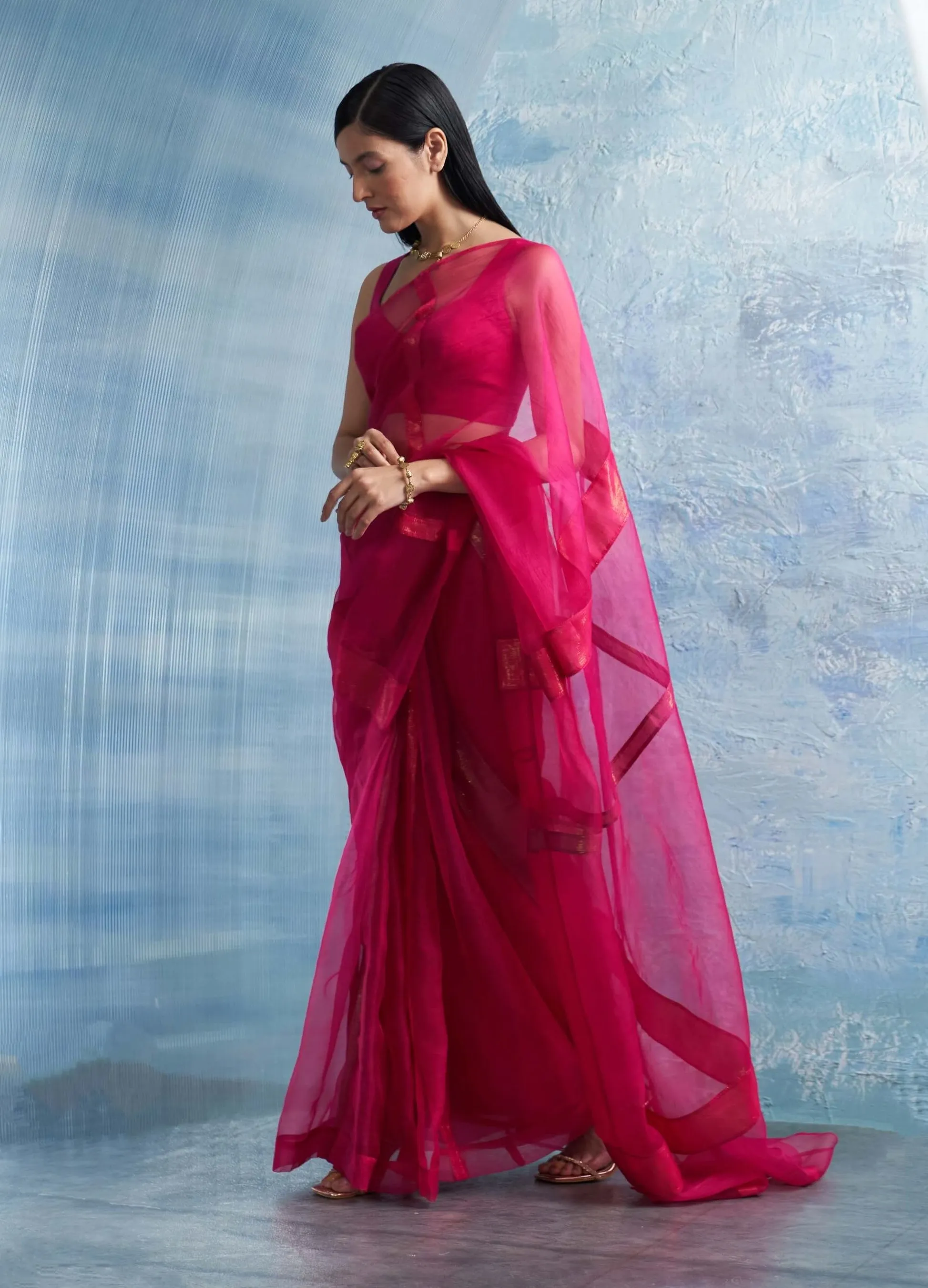 Fuchsia pink shimmer organza sari set
