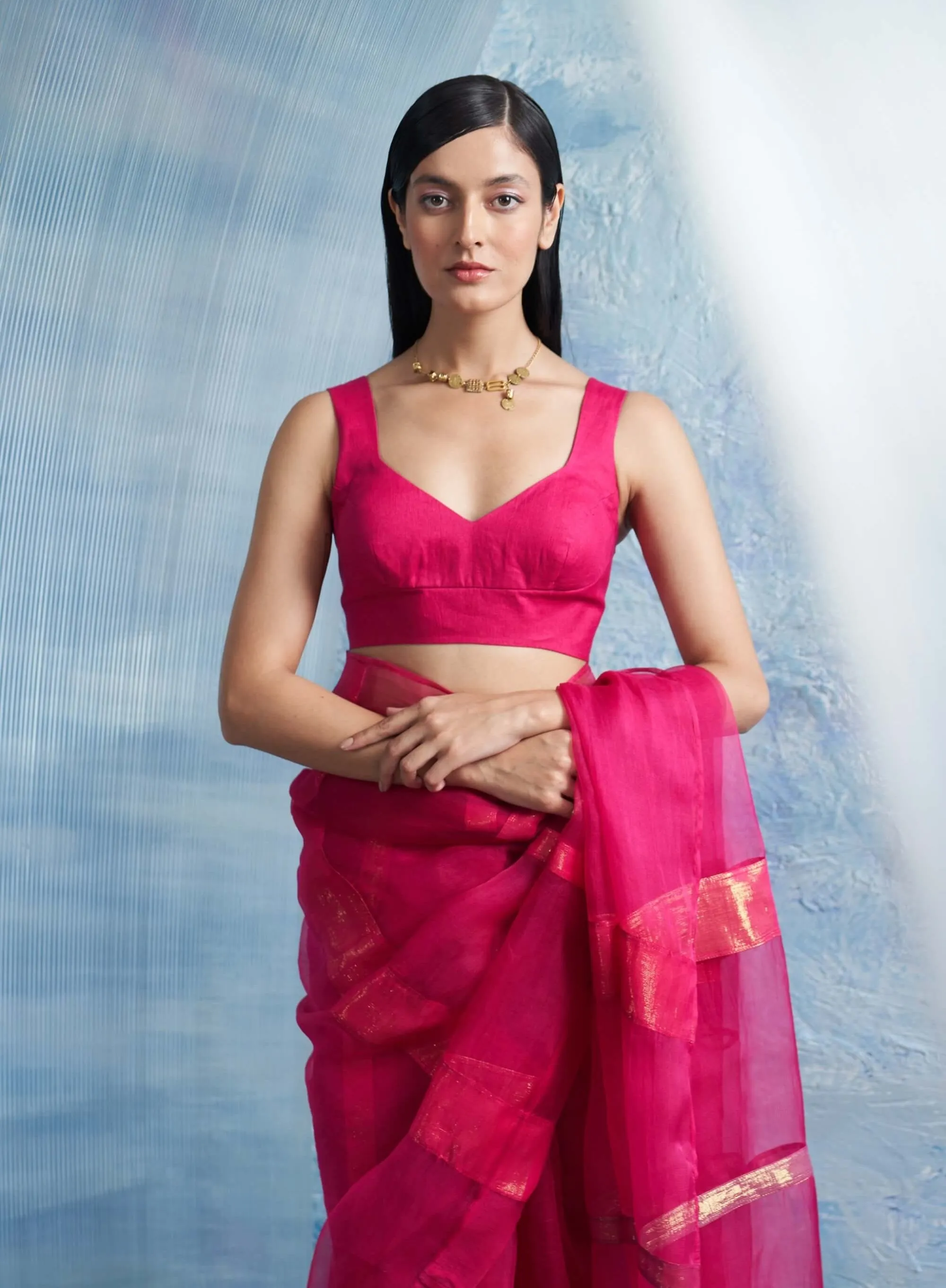 Fuchsia pink shimmer organza sari set