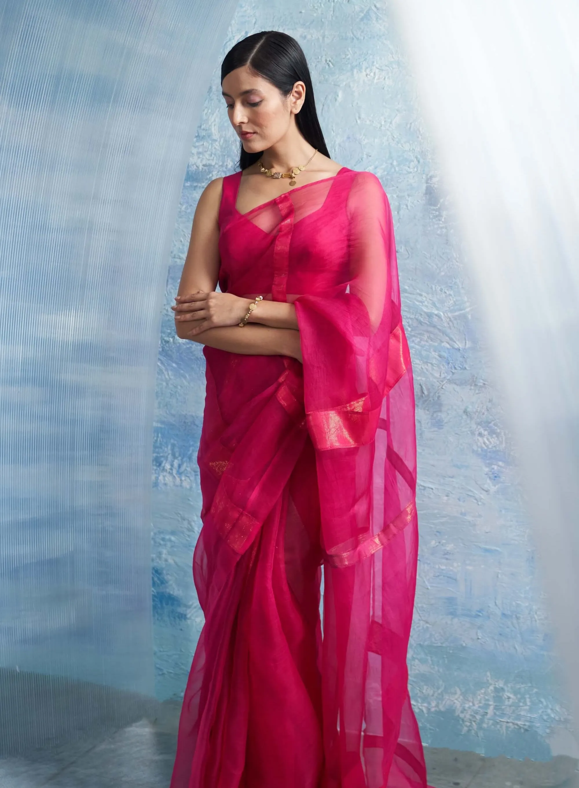 Fuchsia pink shimmer organza sari set