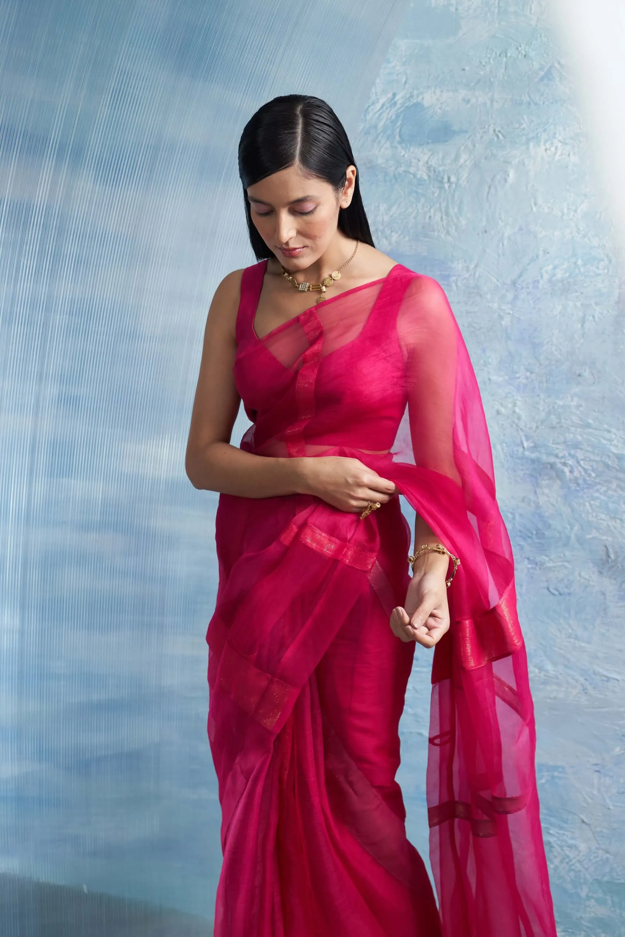 Fuchsia pink shimmer organza sari set