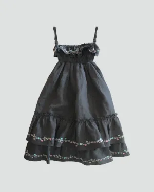 Girls Embroidered Organic Linen Tiered Ruffle Sun Dress in Graphite Grey