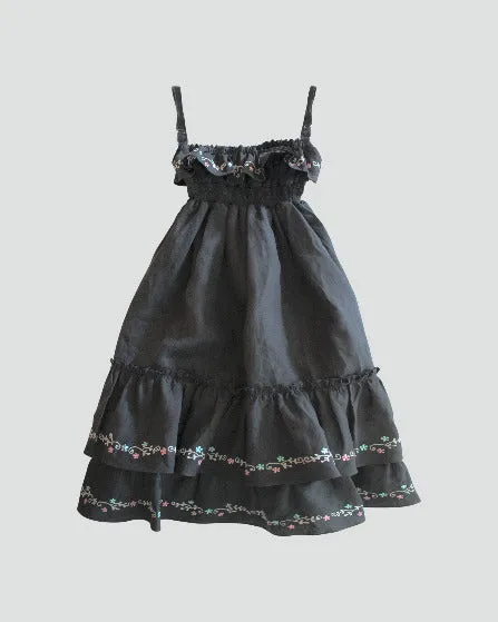 Girls Embroidered Organic Linen Tiered Ruffle Sun Dress in Graphite Grey