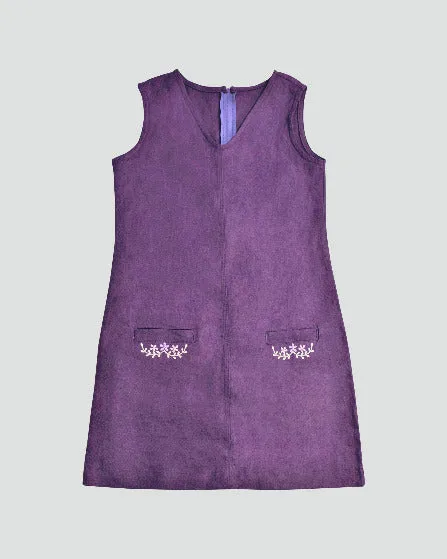 Girls Purple Organic Linen Sleeveless Short Shift Dress with Embroidered Trim