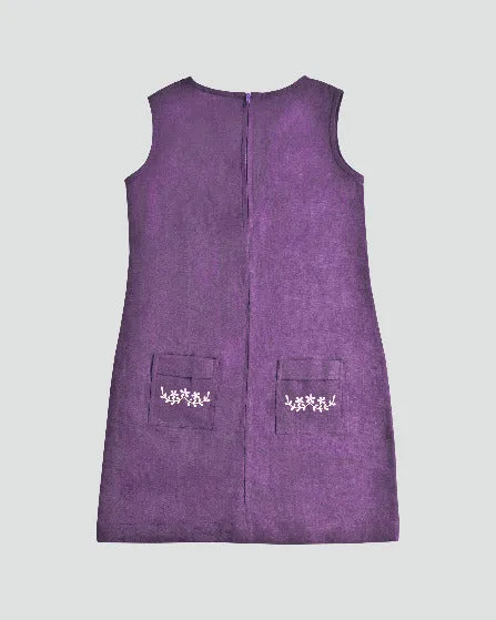 Girls Purple Organic Linen Sleeveless Short Shift Dress with Embroidered Trim