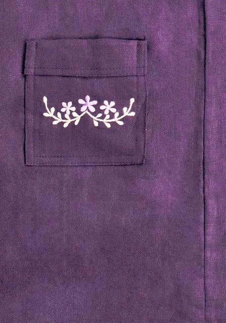 Girls Purple Organic Linen Sleeveless Short Shift Dress with Embroidered Trim