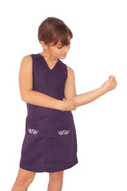 Girls Purple Organic Linen Sleeveless Short Shift Dress with Embroidered Trim