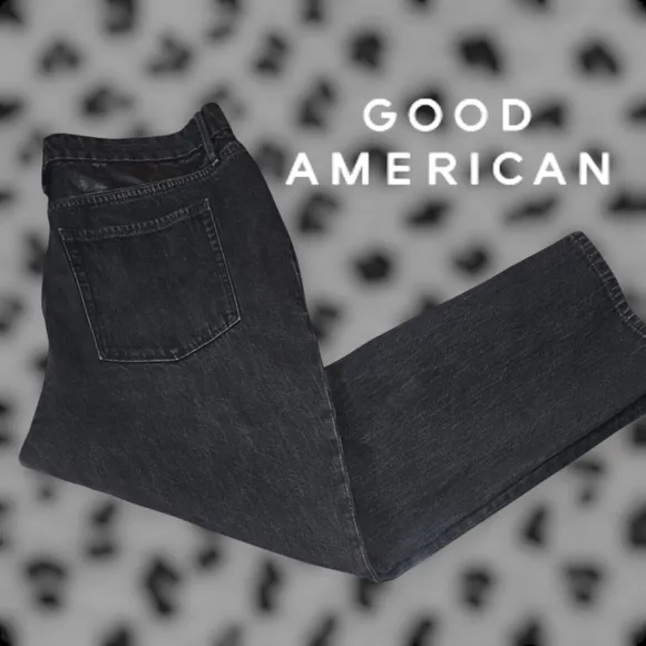 Good American Good Vintage Straight Faux Leather Panel Crop Jeans Faded Black 16
