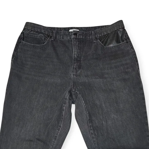 Good American Good Vintage Straight Faux Leather Panel Crop Jeans Faded Black 16