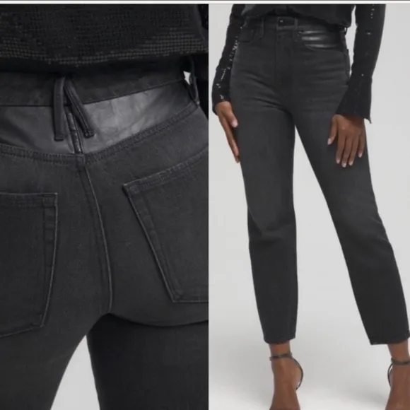 Good American Good Vintage Straight Faux Leather Panel Crop Jeans Faded Black 16