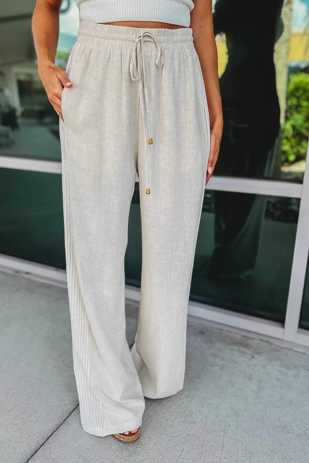 Gray Striped Patchwork Drawstring Linen Pants