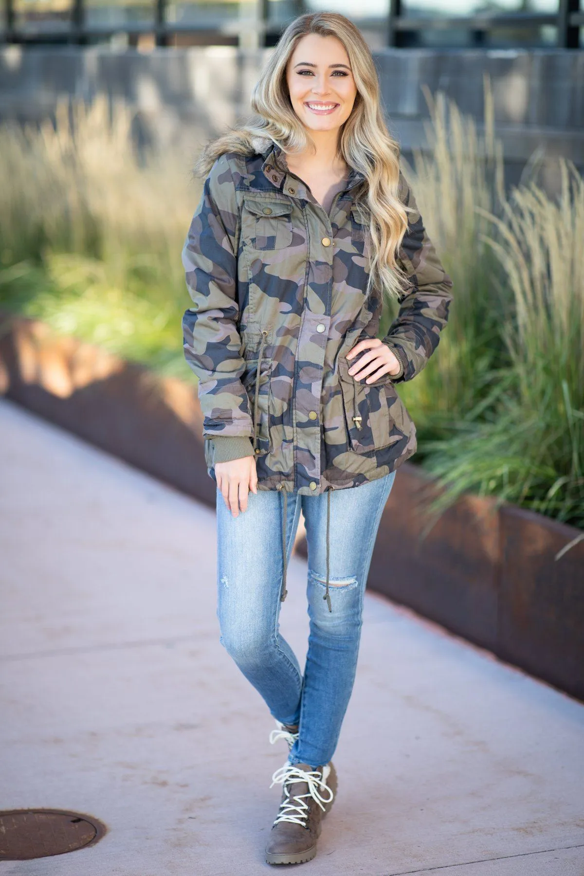 Green Camo Jacket with Faux Fur Hood
