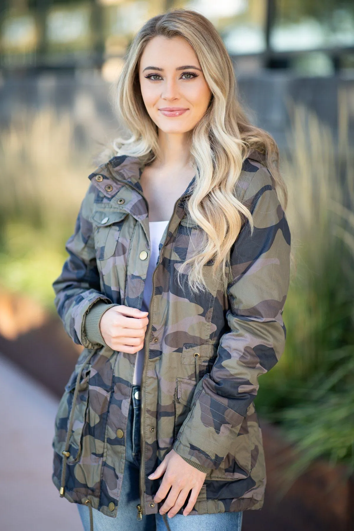 Green Camo Jacket with Faux Fur Hood