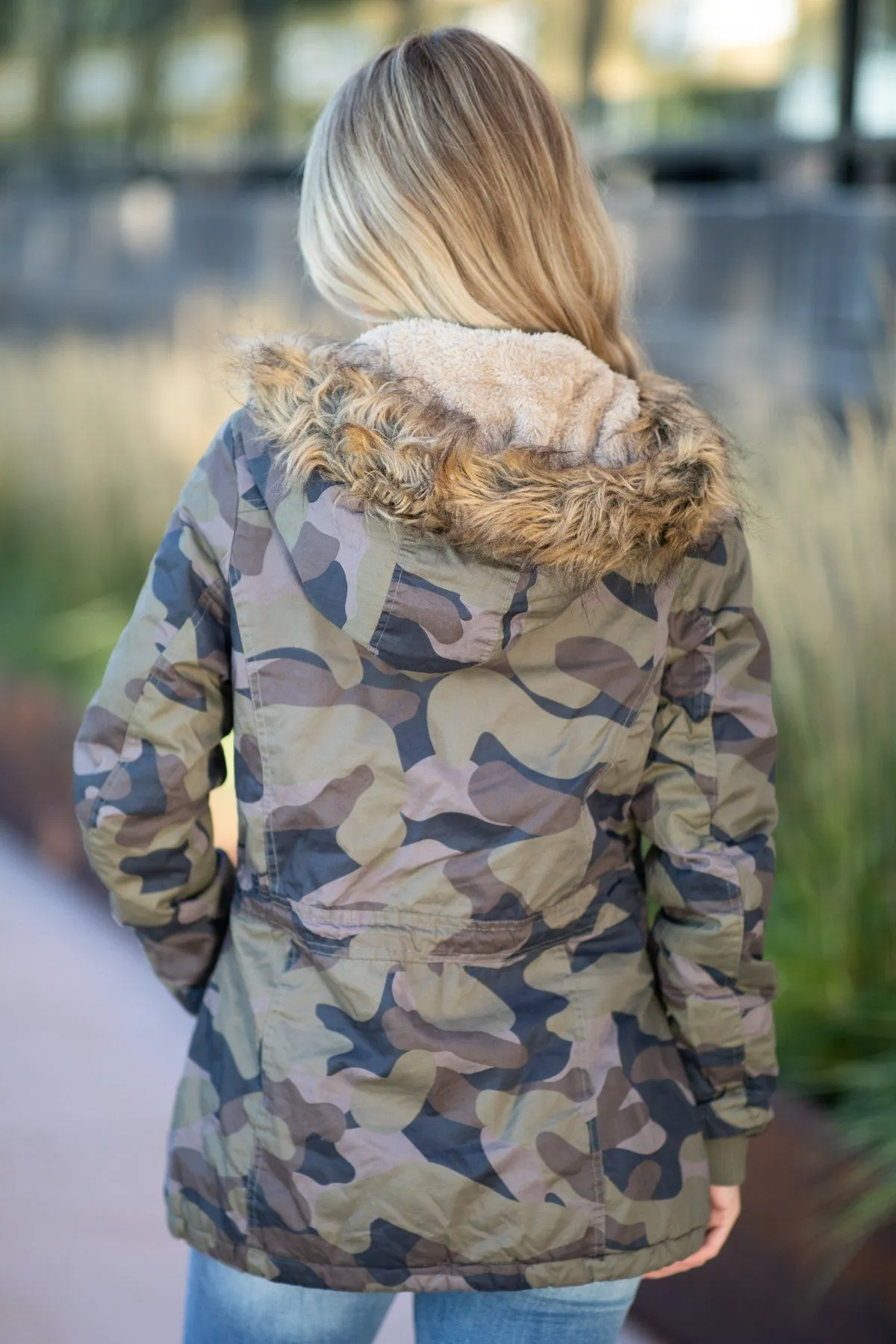 Green Camo Jacket with Faux Fur Hood