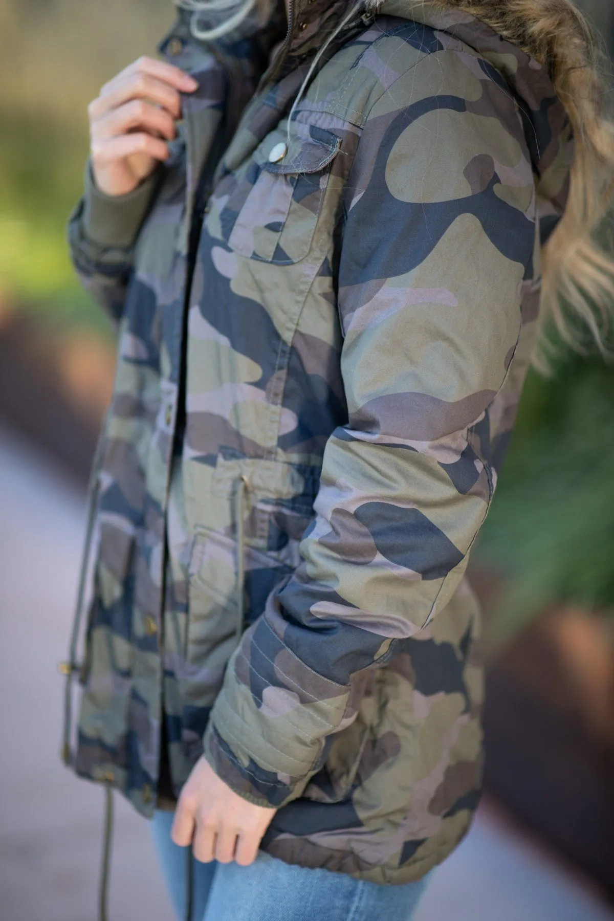 Green Camo Jacket with Faux Fur Hood