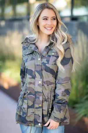 Green Camo Jacket with Faux Fur Hood