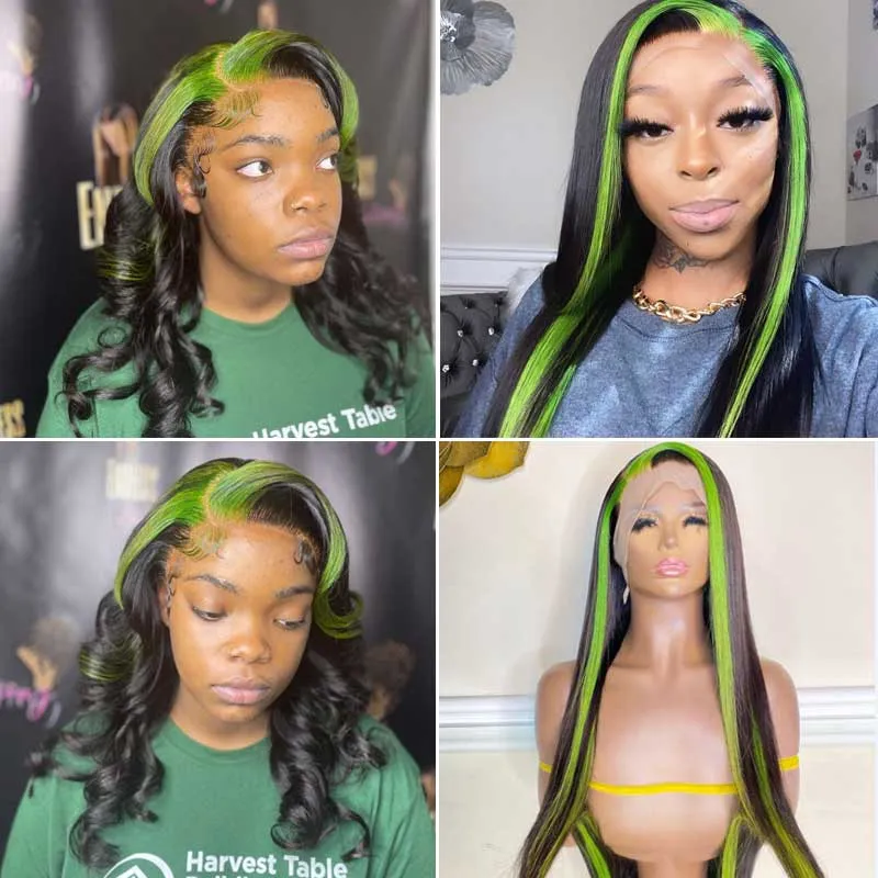 Green Color Highlight Lace Wigs Skunk Stripe Hair 4*4 13*4 Lace Front Wig 180% Straight Brazilian Human Hair