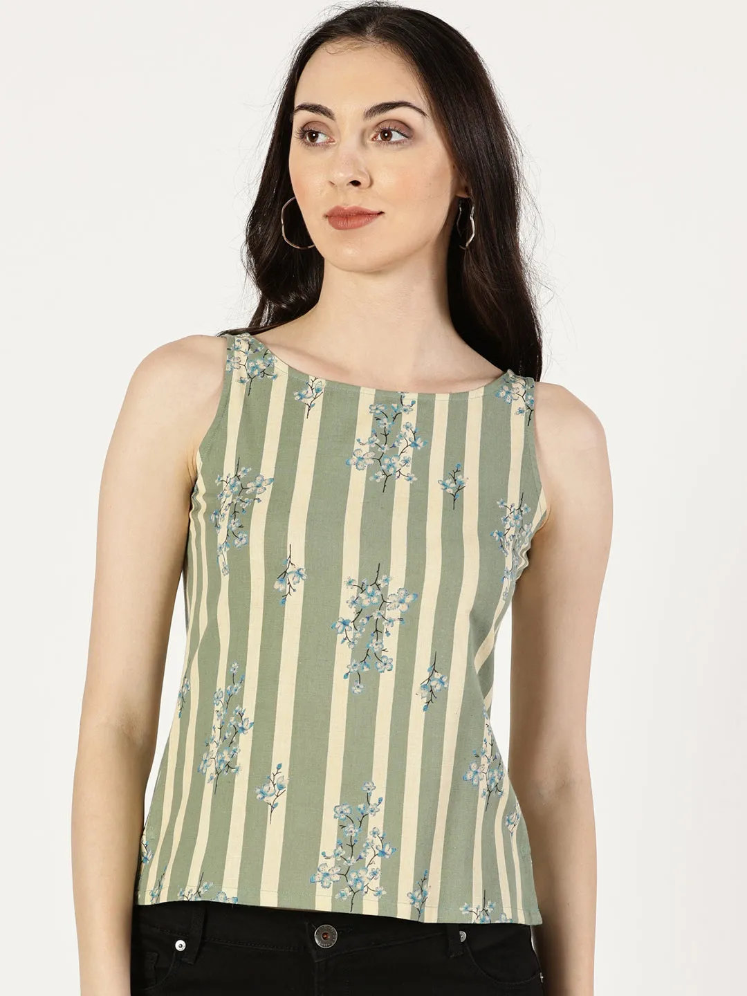 Green Striped Top with Floral Print
