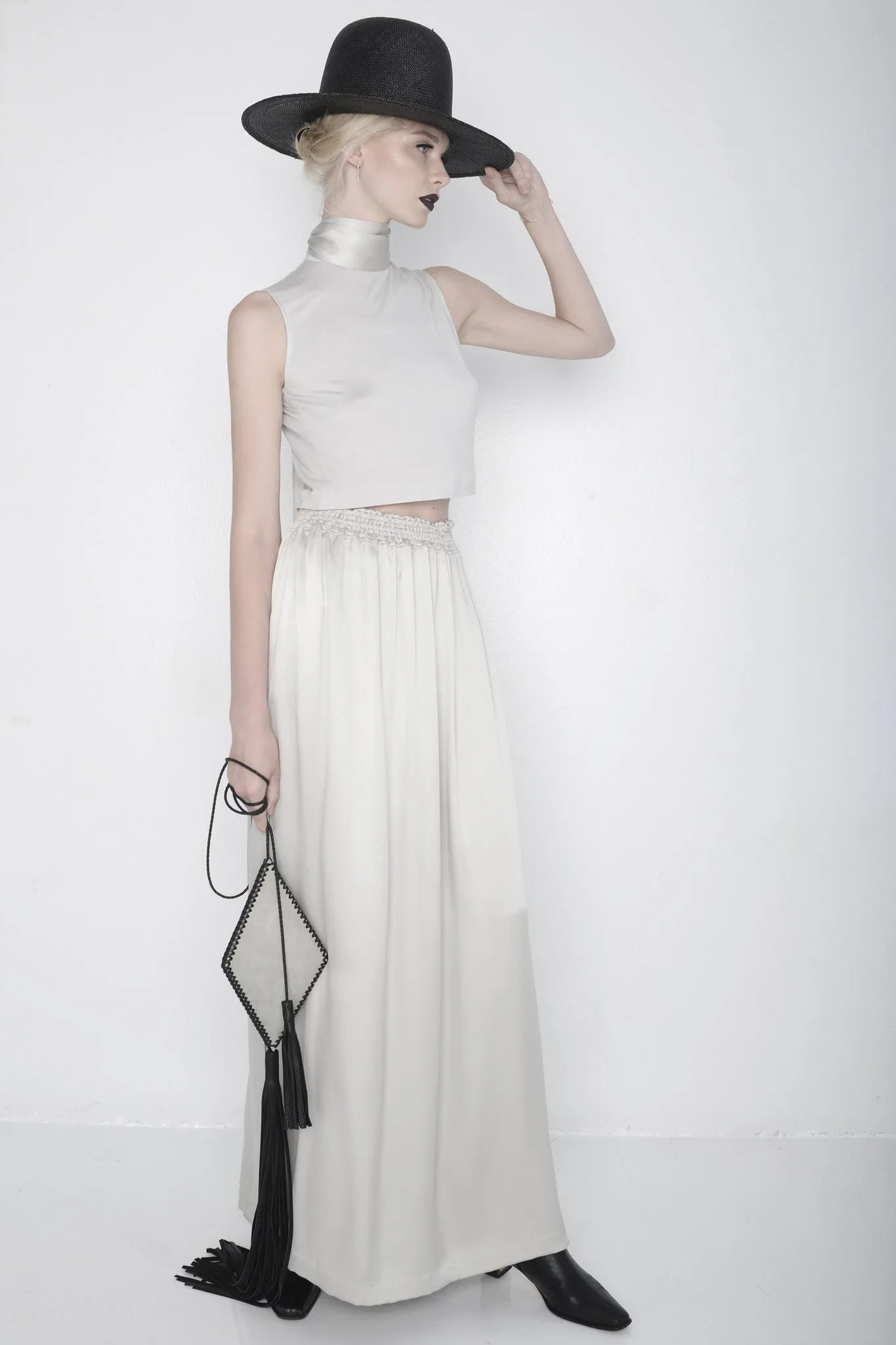 'Grey Line' Mock Neck & Long Side Slits Skirt