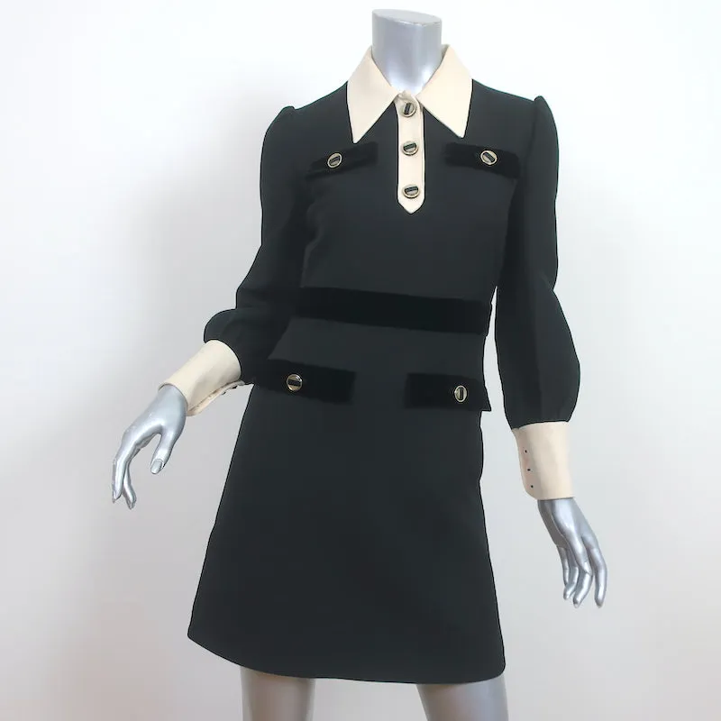 Gucci Long Sleeve Collared Mini Dress Black/Cream Velvet-Trim Cady Size 38